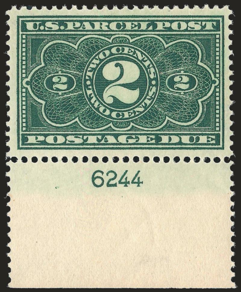 2c Dark Green, Parcel Post Postage Due (JQ2).> Mint N.H. with bottom plate no. 6244 selvage, beautiful margins and exceptional centering, Very Fine and choice, with 2008 P.S.E. certificate (VF-XF 85 SMQ
$345.00), actually looks nicer than grade awar