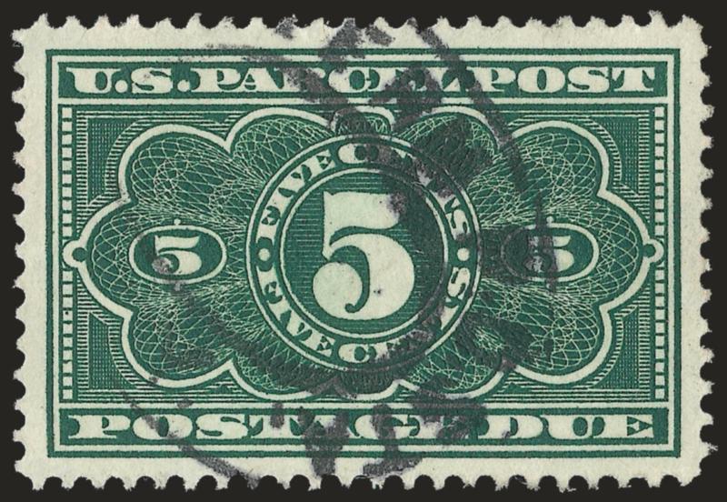 5c Dark Green, Parcel Post Postage Due (JQ3).> Exceptionally wide Jumbo margins and incredibly well-centered, intense color, double oval parcel cancel, Extremely Fine Gem, with 2008 P.S.E. certificate (Superb
98 Jumbo SMQ $385.00 as 98, unlisted in