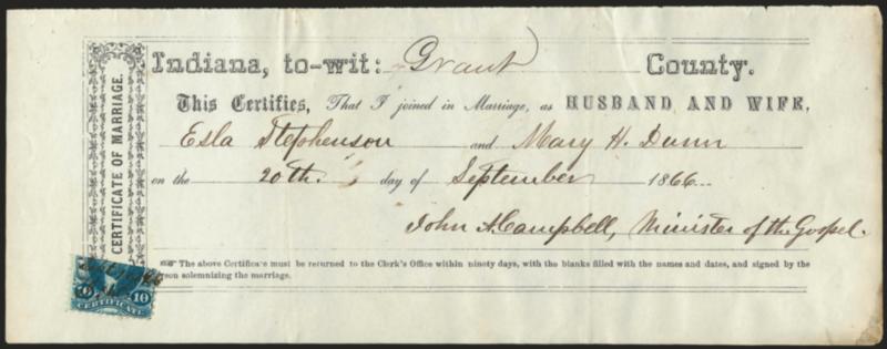 10c Certificate, Perforated, Half Used as 5c (R33e).> Bottom half tied by ms. Sep. 20, 1866 cancel on marriage certificate from Grant County Ind., Fine and scarce