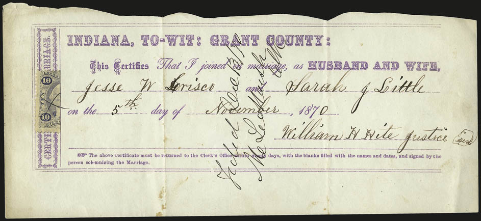 10c Ultramarine, Contract, Perforated, Half Used as 5c (R34e var).> Two, left and right halves of different stamps tied by ms. on separate marriage certificates from Grant County Ind., October and November
1870 dates, minor faults, still Fine, very r