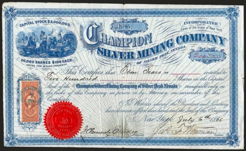 25c Certificate, Perforated (R44c).> Tied by Jul. 6, 1866 blue oval datestamp on <Champion Silver Mining Company> stock certificate with vignette of miners, printed in bright blue with silver rays across entire
document, dated at New York Jul. 6, 186