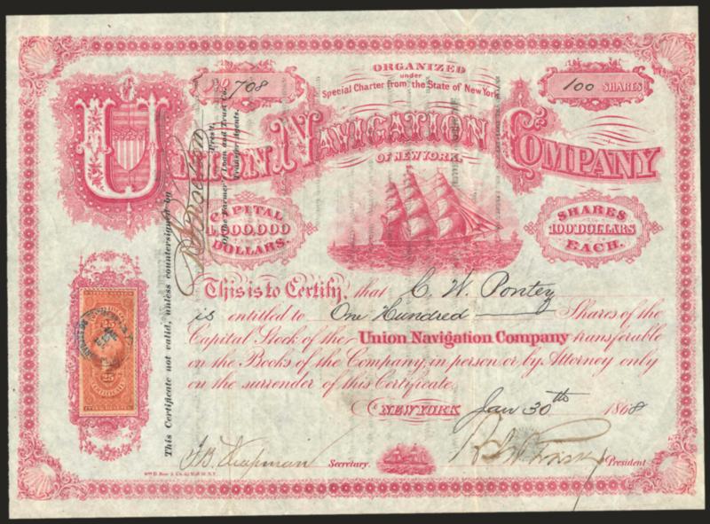 25c Certificate, Perforated (R44c).> Tied by blue Jan. 30, 1868 circular datestamp on <Union Navigation Company> stock certificate in red with ship vignette, folds affect stamp, minor edge flaws, Very Fine,
spectacular