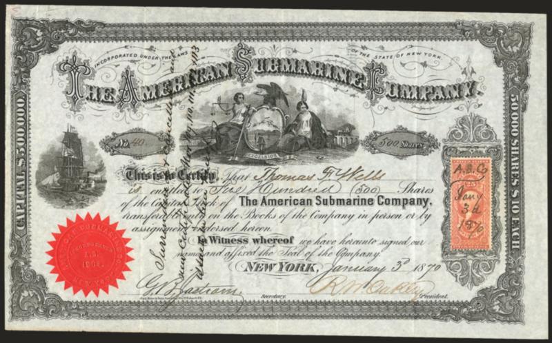 25c Power of Attorney, Perforated (R48c).> Ms. cancel, used on <American Submarine Company> stock certificate dated at New York, Jan. 3, 1870, folds, Very Fine