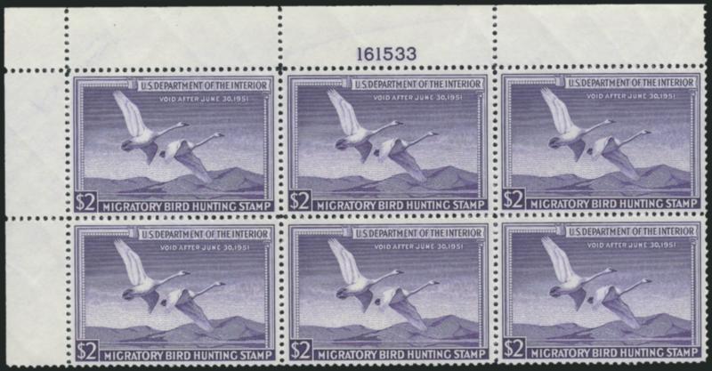 $2.00 1950 Hunting Permit (RW17).> Mint N.H. top left plate no. 161533 block of six, rich color, usual light natural gum skips and bends, Very Fine