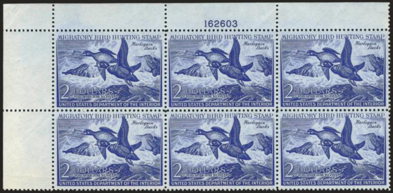 $2.00 1951 Hunting Permit (RW18).> Mint N.H. top left plate no. 162126 block of six, intense shade and impression, beautiful centering, Extremely Fine