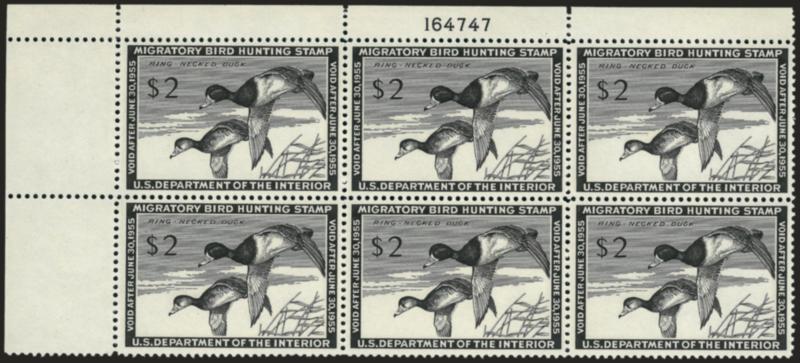 $2.00 1954 Hunting Permit (RW21).> Mint N.H. top left plate no. 164747 block of six, crisp impression, choice centering, selvage trimmed at top, Very Fine-Extremely Fine