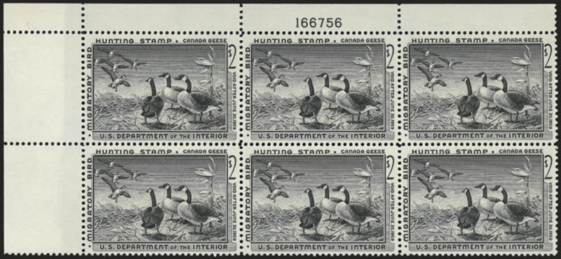 $2.00 1958 Hunting Permit (RW25).> Mint N.H. top left plate no. 166756 block of six, detailed impression, fresh and Very Fine-Extremely Fine, a pretty Mint N.H. plate block