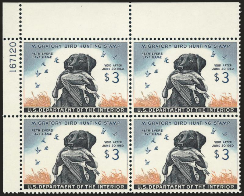$3.00 1959 Hunting Permit (RW26).> Mint N.H. top left plate no. 167120 block of four, rich colors, well-balanced margins, fresh and Extremely Fine