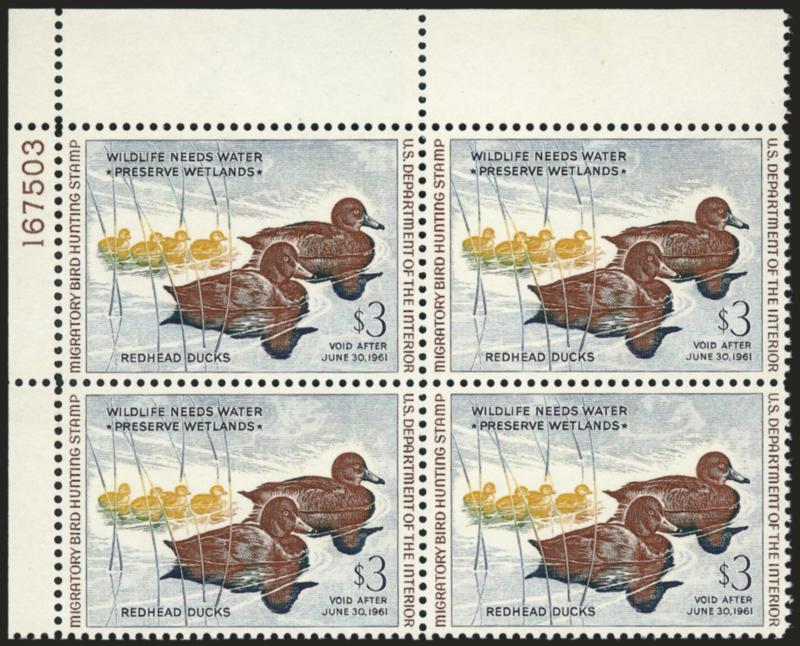 $3.00 1960 Hunting Permit (RW27).> Mint N.H. top left plate no. 167503 block of four, brilliant colors, fresh and Extremely Fine