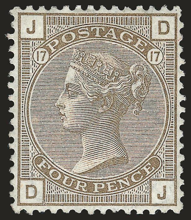 GREAT BRITAIN, 1880, 4p Gray Brown (71 SG 154).> Original gum, wonderfully well-centered and clear impression, Extremely Fine, SG £1,800