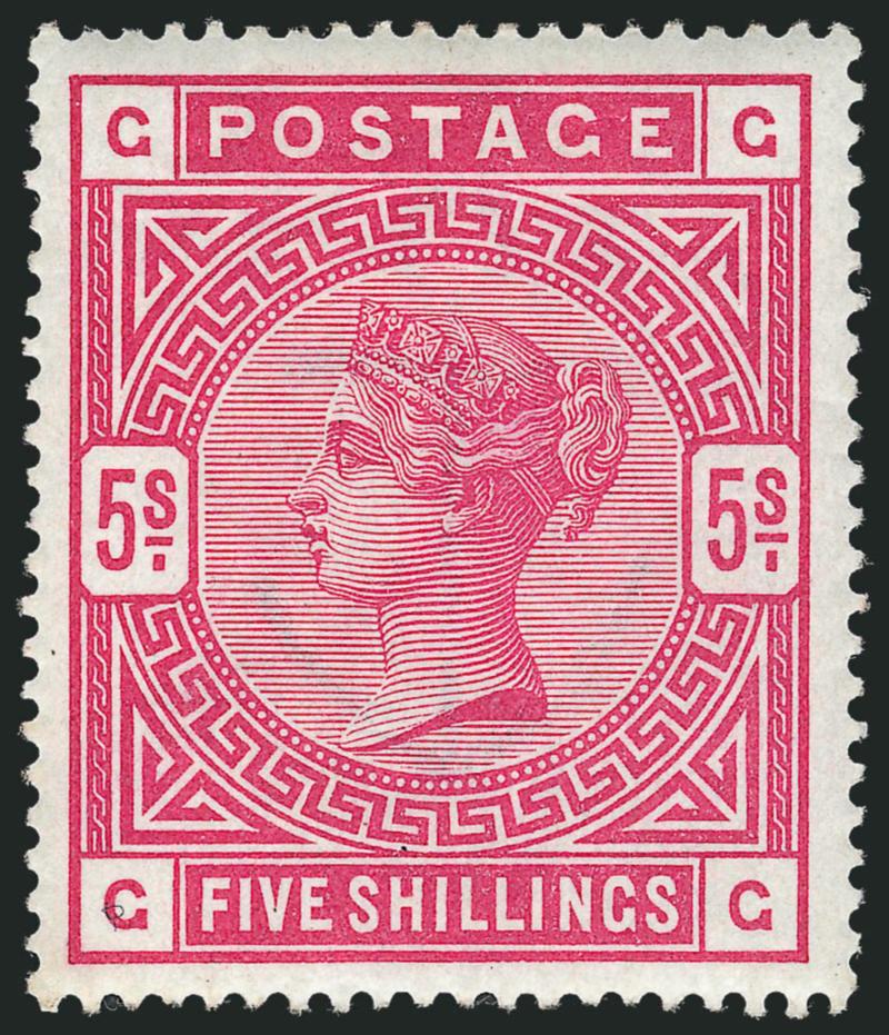 GREAT BRITAIN, 1883-84, 2sh6p Lilac, 5sh Carmine Rose (96, 108 SG 178, 180).> Original gum, usual natural gum creases, fresh colors, beautifully centered, Extremely Fine, SG £1,325