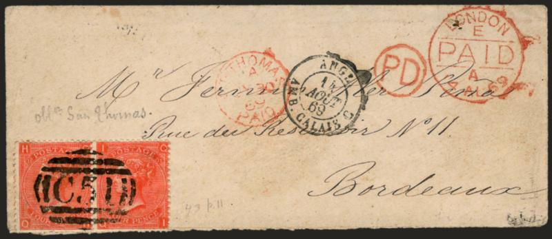GREAT BRITAIN, 1865, 4p Vermilion, Plate 11 (43).> Horizontal pair with bold horizontal oval C51 (Gibbons Ty. 4) of St. Thomas Danish, West Indies, on 1869 cover to Bordeaux, France, red St. Thomas and London
Paid, French Calais transit, Fine and a