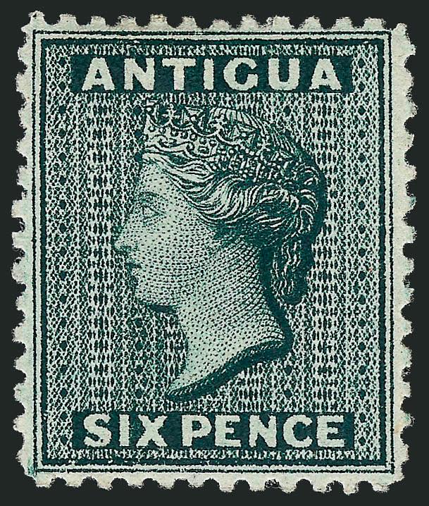 ANTIGUA, 1872, 6p Blue Green (7 SG 8).> Original gum, incredibly well-centered, strong color and detailed impression, Extremely Fine, truly exceptional, SG £550