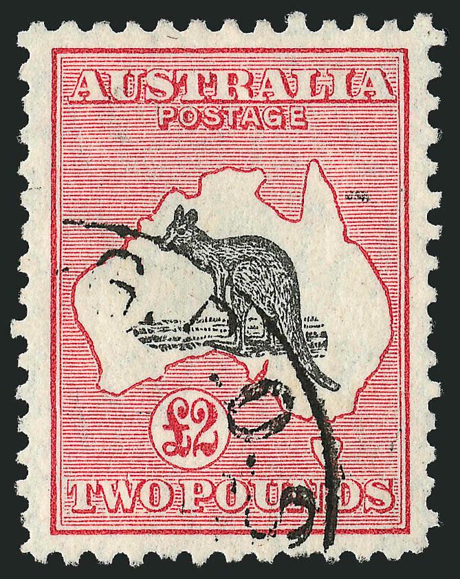 AUSTRALIA, 1930, £2 Dull Red & Black (102 SG 114).> Exceptionally well-centered, fresh colors with neat circular datestamp, Extremely Fine, SG £600