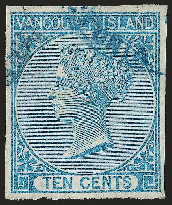 BRITISH COLUMBIA & VANCOUVER ISLAND, 1865, 10c Blue (4 SG 12).> Handsome, virtually even margins all around, bright color, blue Victoria oval cancels in  top corners, Very Fine, with 1995 P.F. certificate, SG
£850