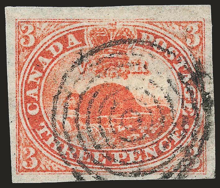 CANADA, 1851, 3p Red, Laid (1).> Large to huge margins, vivid color, neat seven-ring target cancel, Extremely Fine, lovely used single