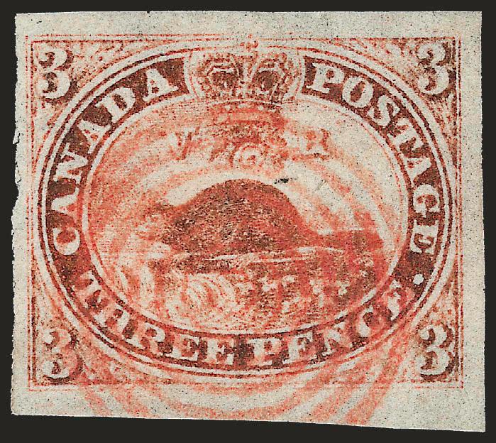 CANADA, 1851, 3p Red, Laid (1).> Three huge margins incl. part bottom sheet margin, large at left, <red> seven-ring target cancel, color trifle oxidized, otherwise Extremely Fine