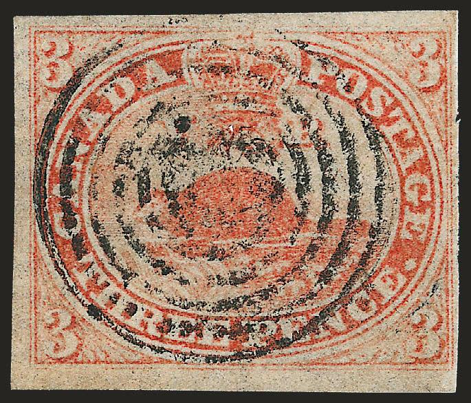 CANADA, 1851, 3p Red, Laid (1).> Ample to large margins, classic laid paper color, seven-ring target cancel, Very Fine