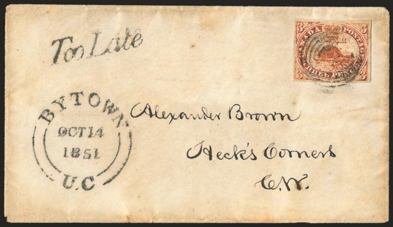 CANADA, 1851, 3p Red, Laid (1).> Ample to large margins, tied by seven-ring target on small cover to Hecks Corners CW, perfectly struck Bytown U.C. OCT 14 1851 double-circle datestamp, straightline script
letter ^TOO LATE^ handstamp, some cover