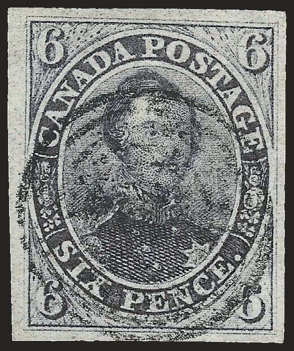 CANADA, 1851, 6p Slate Violet, Laid (2).> Large to huge margins, excellent color and neat target cancel, Extremely Fine Gem
