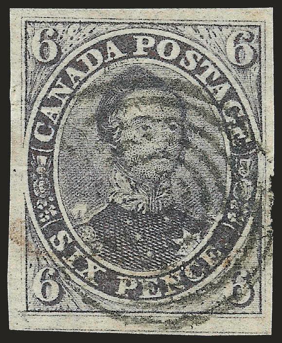 CANADA, 1851, 6p Slate Violet, Laid (2).> Large margins to full, excellent color, seven-ring target cancel, tiny crease in left margin near top of little consequence, otherwise Extremely Fine