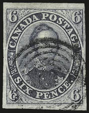 CANADA, 1851, 6p Slate Violet, Grayish Purple, Laid (2, 2b).> Margins all around, mostly large, seven ring target cancels, former in blue, fine and attractive lot