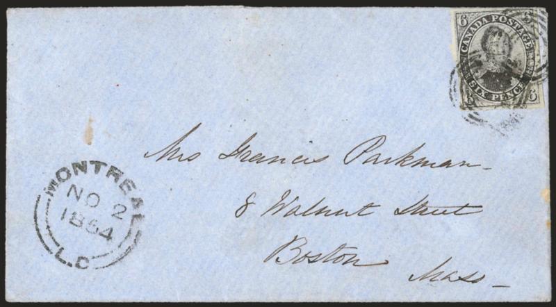 CANADA, 1851, 6p Grayish Purple, Laid (2b).> Margins essentially all around, magnificent color, tied by seven-ring target, Montreal L.C. NO 2, 1854 double-circle datestamp on Parkman correspondence cover to
Boston, Mass, small piece of tape on back
