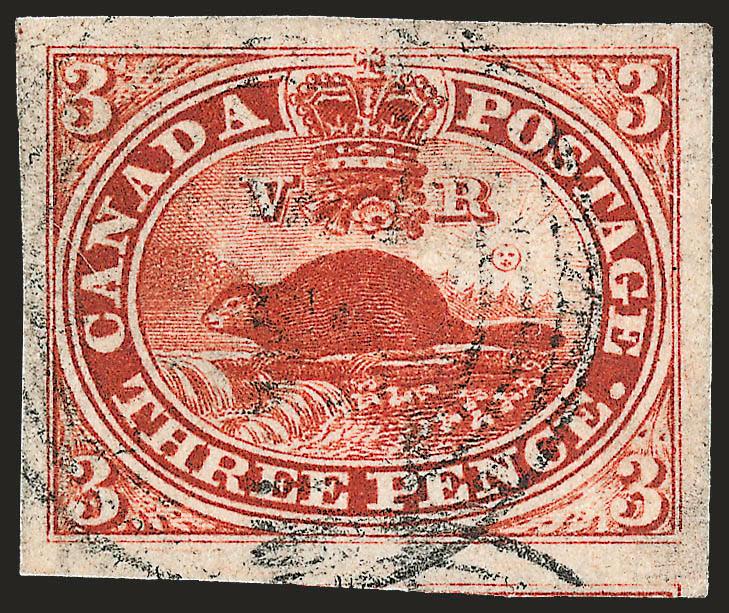 CANADA, 1852, 3p Red (4).> Huge margins all around, very dark color, lightly cancelled, Extremely Fine Gem