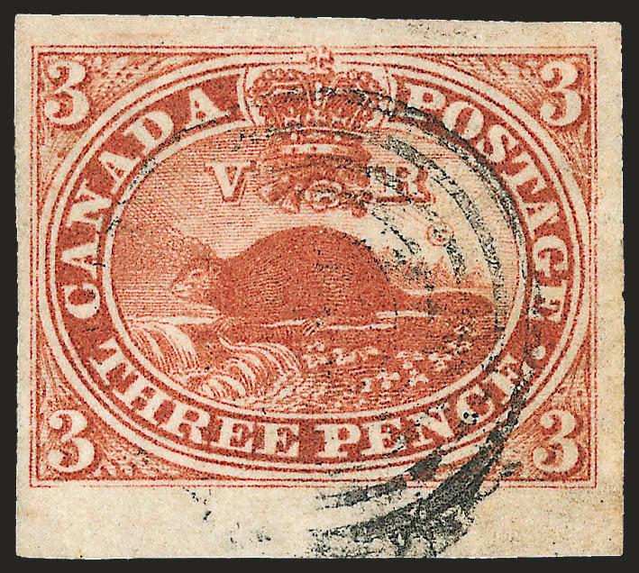 CANADA, 1852, 3p Red (4).>Large to huge margins incl. bottom sheet margin, light target cancel, rich color, Extremely Fine, ex Dale-Liechtenstein