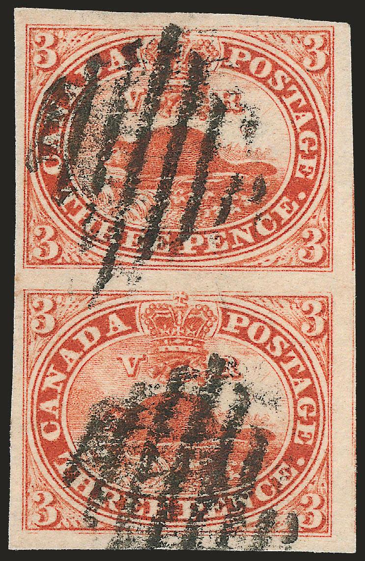 CANADA, 1852, 3p Red (4).> Vertical pair, ample to mostly huge margins, rich color, each with bold Toronto square grid cancel, Very Fine and choice