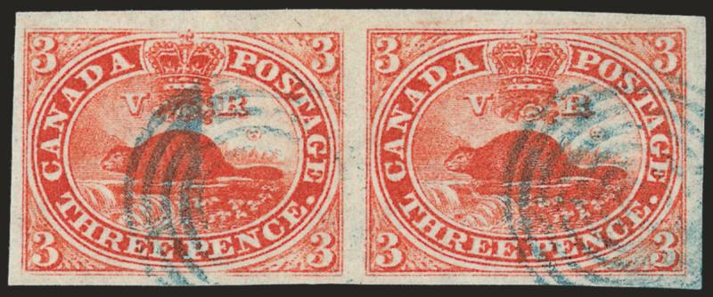 CANADA, 1852, 3p Red, Thin Wove (4d).> Horizontal pair, ample to huge margins, neat blue target cancels, Very Fine-Extremely Fine