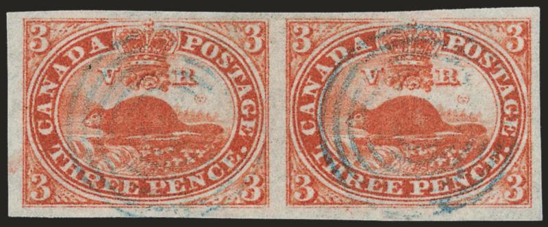 CANADA, 1852, 3p Red, Thin Wove (4d).> Horizontal pair, large to huge margins, vivid color, light blue target cancels, Extremely Fine
