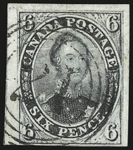CANADA, 1855, 6p Slate Gray, Wove (5).> Three singles, two with huge margins to touching, Montreal 21 in four-ring target and seven-ring target cancels, last with <red double circle circular datestamp>
(repaired), Fine-Very Fine appearance