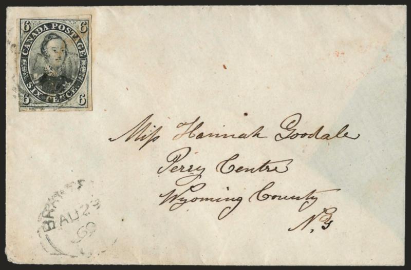 CANADA, 1855, 6p Slate Gray, Wove (5).> Margins virtually all around, true Slate Gray color, lightly tied by 5 in four-ring target, light strike of Brantford AU 23 1860 circular datestamp on cover to Perry
Centre, N.Y., right side flap missing, a