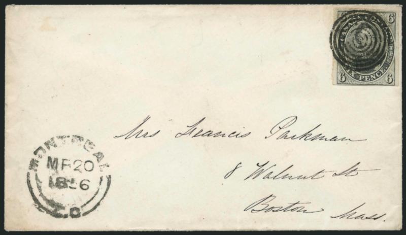 CANADA, 1855, 6p Slate Gray, Wove (5).> Three ample to large margins, barely in at bottom, strong color, tied on Parkman correspondence cover by bold seven-ring target, Montreal MR 20 1856 double-circle
datestamp, Fine, very clean cover