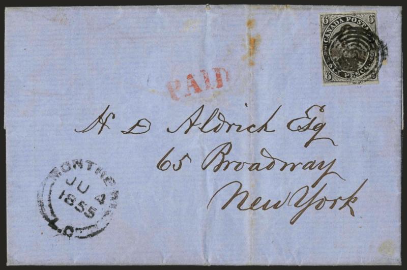 CANADA, 1852, 6p Brownish Gray, Wove (5a).> Margins virtually all around, wonderful intense color, tied by seven-ring target, Montreal JU 4, 1855 double-circle datestamp on folded letter to New York, red PAID
in arc, trivial cover toning spots, F
