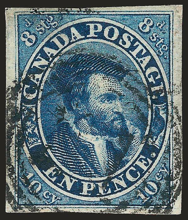 CANADA, 1855, 10p Blue (7).> Ample to very large margins, intense color, numeral target cancel, couple small faults, Very Fine appearance