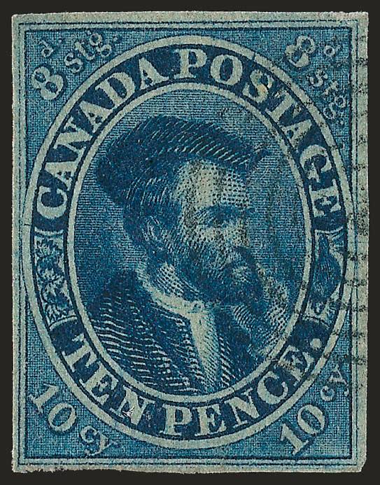 CANADA, 1855, 10p Blue (7).> Margins all around, deep rich color, neat target cancel, about Very Fine