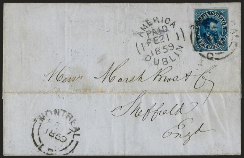 CANADA, 1855, 10p Blue (7).> Three clear to ample margins, ample to barely in at bottom, great color and impression, tied by Montreal FE 7, 1859 double-circle datestamp, repeated again at bottom left on folded
cover <to Sheffield, England,> blackis