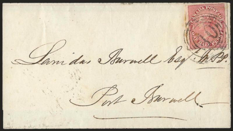 CANADA, 1857, -12p Rose (8).> Margins virtually all around, large at sides, on neat wrapper tied by 10 in four-ring target (Cobourg). also incl. off-cover single with bold 21 in four-ring target (Montreal),
margins all around, Fine lot