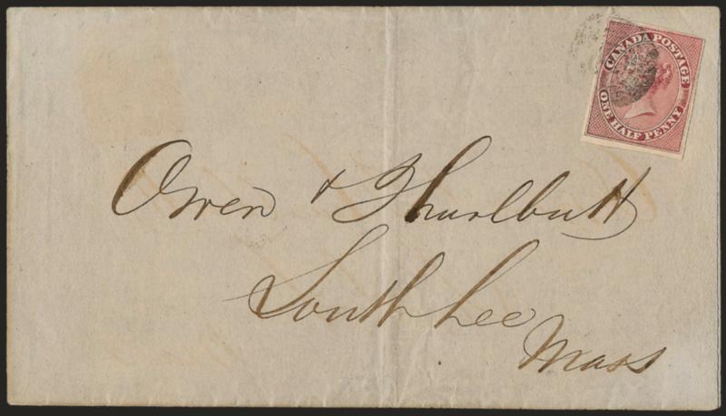 CANADA, 1857, -12p Rose (8).> Margins virtually all around, rich color, tied by small target on folded Flour and Grain Prices Current to South Lee, Mass., Fine