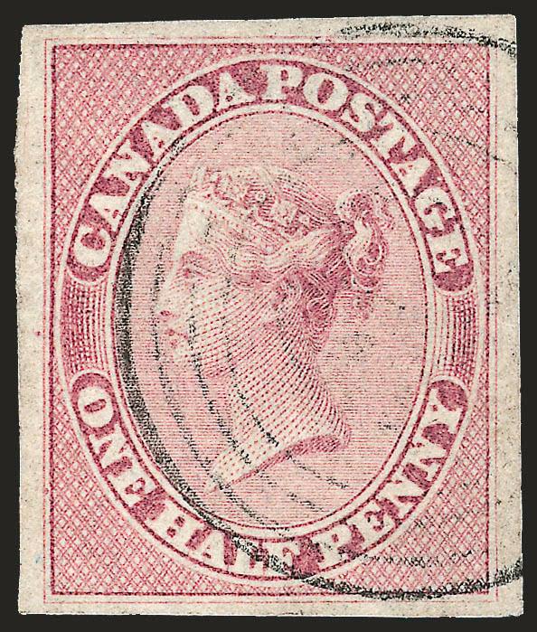 CANADA, 1857, -12p Rose, Vertically Ribbed Paper (8b).> Large margins, nice color, very light numeral four-ring target cancel<><>^VERY FINE AND CHOICE EXAMPLE OF THE ONE-HALF PENNY ROSE IMPERFORATE ON
VERTICALLY LAID PAPER.^<><>Signed H. Bloch