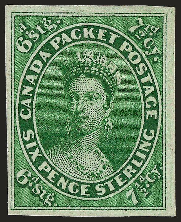 CANADA, 1857, 7-12p Green (9).> Unused (no gum), large margins to full, strong color and detailed impression<><>^VERY FINE. AN EXCEPTIONALLY CHOICE UNUSED EXAMPLE OF THE 1857 SEVEN AND ONE-HALF PENCE
GREEN.^<><>A pretty stamp.