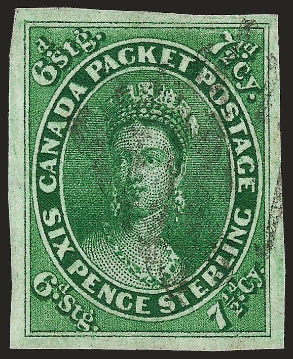CANADA, 1857, 7-12p Green (9).> Large to mostly huge margins, lightly cancelled (probably a Toronto square grid), rich color, very light diagonal crease, Extremely Fine appearance, exceptionally handsome
looking