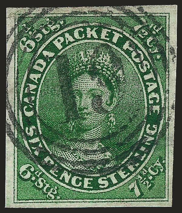 CANADA, 1857, 7-12p Green (9).> Ample to large margins, strong color, attractive numeral 19 in four-ring target cancel, tiny corner crease and small thin spot, Very Fine appearance