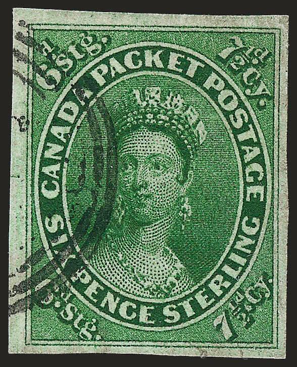CANADA, 1857, 7-12p Green (9).> Ample to large margin, deep rich color, numeral target cancel essentially clear of Queens portrait, tiny fault bottom margin, otherwise Very Fine and choice