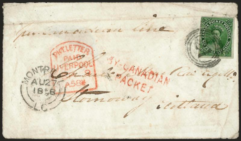 CANADA, 1857, 7-12p Green (9).> Ample to large margins, tied by 21 in four-ring target, Montreal AU 27 1858 part double-circle datestamp on cover <to Scotland,> red two-line ^BY-CANADIAN PACKET^ and red ^PKT.
LETTER PAID LIVERPOOL^ tombstone h