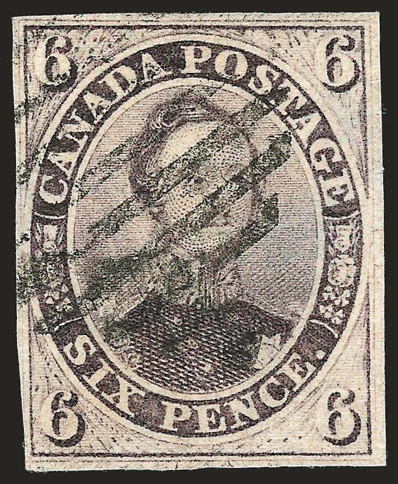 CANADA, 1857, 6p Reddish Purple, Very Thick Soft Wove (10).> Ample margins all around, good color, square grid cancel, thin spots, nearly Very Fine appearance, a difficult stamp to find in any
condition