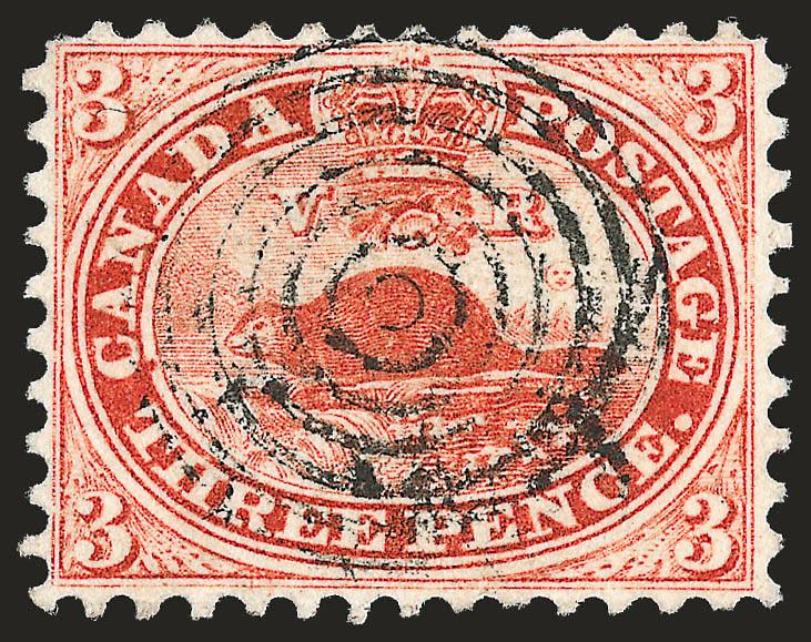 CANADA, 1858, 3p Red, Perf 12 (12).> Incredibly well-centered with bright color and neat target cancel, Very Fine and choice, very difficult stamp to find this well-centered and with perfs completely clear of
design all around