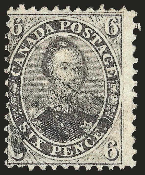 CANADA, 1859, 6p Brown Violet, Perf 12 (13).> Perfs slightly in at left, strong color, light grid cancel, about Fine for this, Scott Retail values for the three Perforated Pence Issues are for stamps with perfs
touching the design